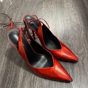 Tony Bianco Red Metallic Pointed Toe Slingback Heels with Ankle Tie
